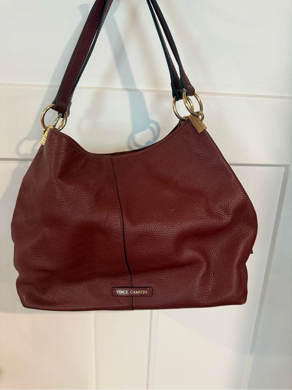 Vince Camuto Wine Red Pebbled Leather Hobo with Gold Hardware